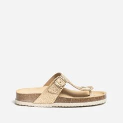 Tong Anatomique Beige En Cuir Velours Détails Dorés