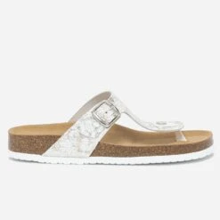 Mule-tong Anatomique Blanche En Cuir Avec Détails Dorés