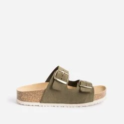 Mule Anatomique Kaki En Cuir Velours