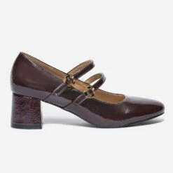 Babies à Talon Bordeaux Verni à Double Bride