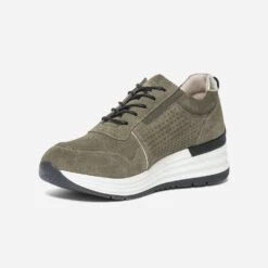 Tennis Compensée TBS Kaki En Cuir Velours -Boutique Caprice WWWERM 10384320977 2