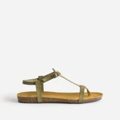 Sandale-tong Anatomique Kaki Et Doré En Cuir