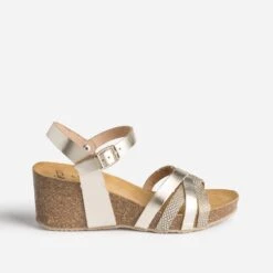 Sandale Compensée Anatomique Dorée En Cuir