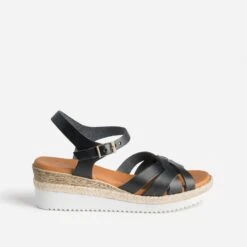 Sandale Compensée Noire éco-conçue En Cuir