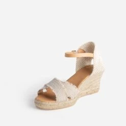 Sandale Compensée Beige Pailleté Doré En Toile -Boutique Caprice WWWERM 10386420065 2