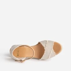 Sandale Compensée Beige Pailleté Doré En Toile -Boutique Caprice WWWERM 10386420065 4