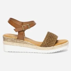 Sandale Cognac En Cuir Avec Bride Tressée