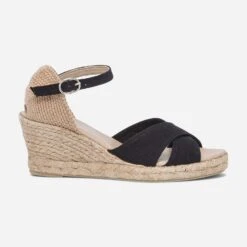 Sandale Compensée Noire En Toile De Coton Et Chanvre