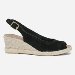 Sandale Compensée Noire En Cuir Velours