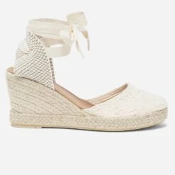 Espadrille Compensée écrue En Toile Avec Broderie Anglaise