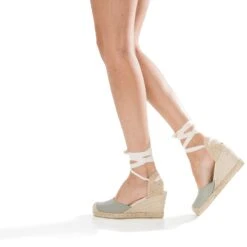 Espadrille Compensée Vert Sauge Pailleté En Toile -Boutique Caprice WWWERM 10386420612 10